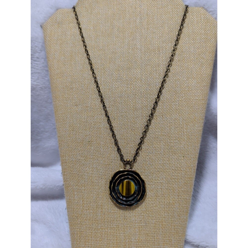 Vintage ROS Finland Brutalist Tiger's Eye Pendant Necklace Bronze Tone MCM